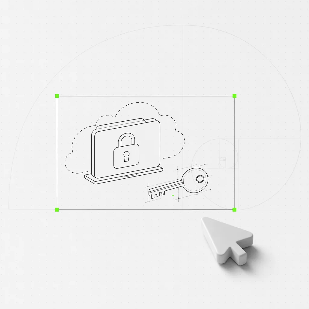 A black faceted padlock fused with a document shape, ringed by a dashed boundary with a key drawn as an engineering diagram, on a warm editorial study plate